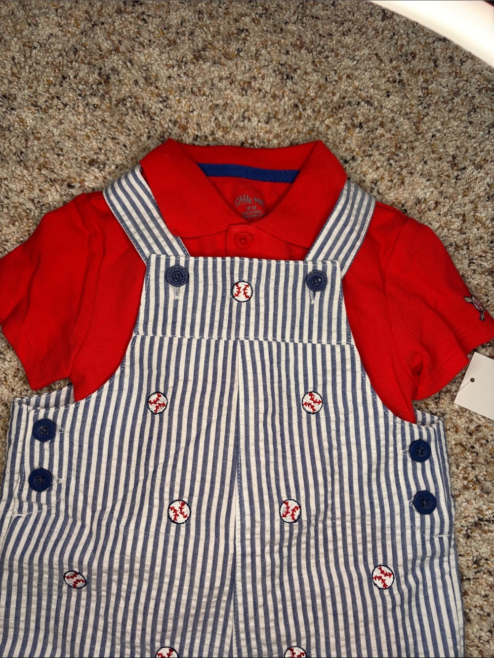 Little Me Red Polo with Blue & White Striped Baseball Overalls